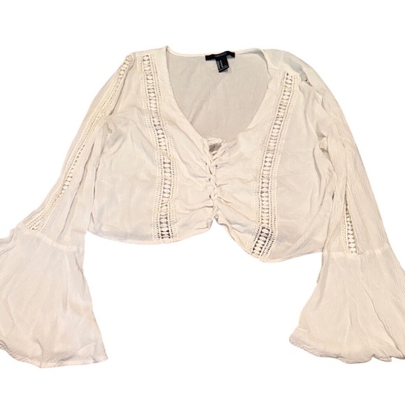Forever 21 Tops - Forever 21 White Crochet Lace Tie Front Bell‎ Sleeve Crop Top Boho Blouse Medium